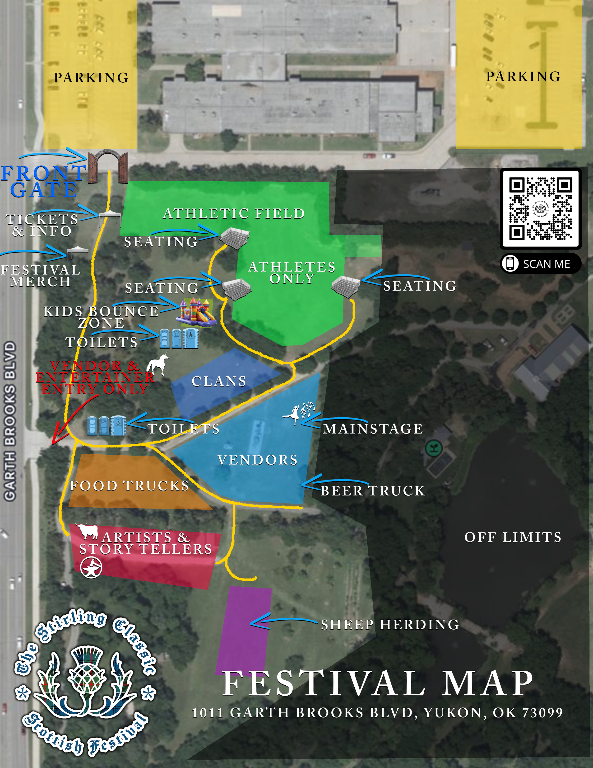 Map of a festival layout showing areas such as parking, main gate, tickets and info, festival merch, kids bounce zone, toilets, vendor and entertainer entry, food trucks, artists and storytellers, sheep herding, and off-limits area. The map includes an athletic field with seating, a main stage, beer truck, and vendor area, all marked with arrows and labels.
