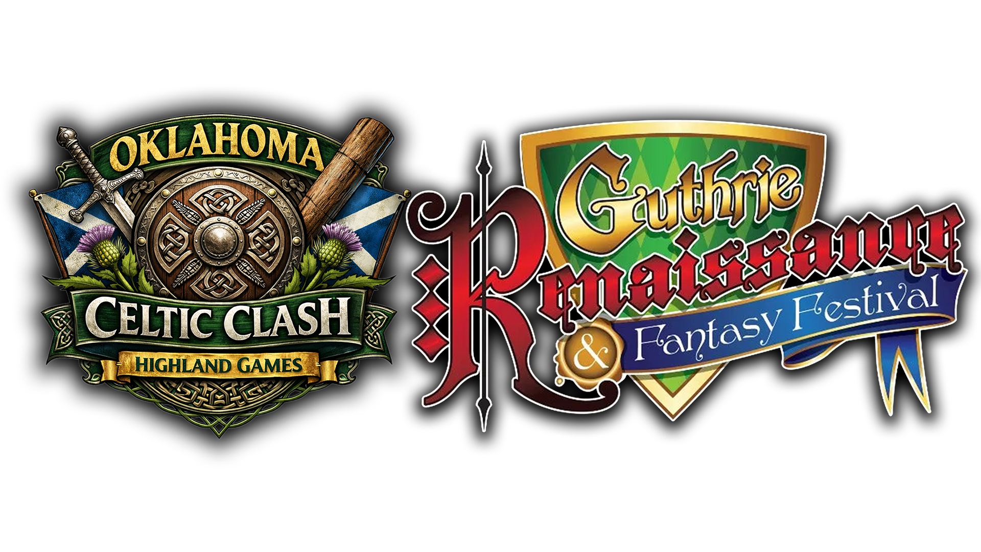 Logo for Oklahoma Celtic Clash Highland Games and Guthrie Renaissance Fantasy Festival, featuring a shield, sword, axe, thistle flowers, and colorful text.