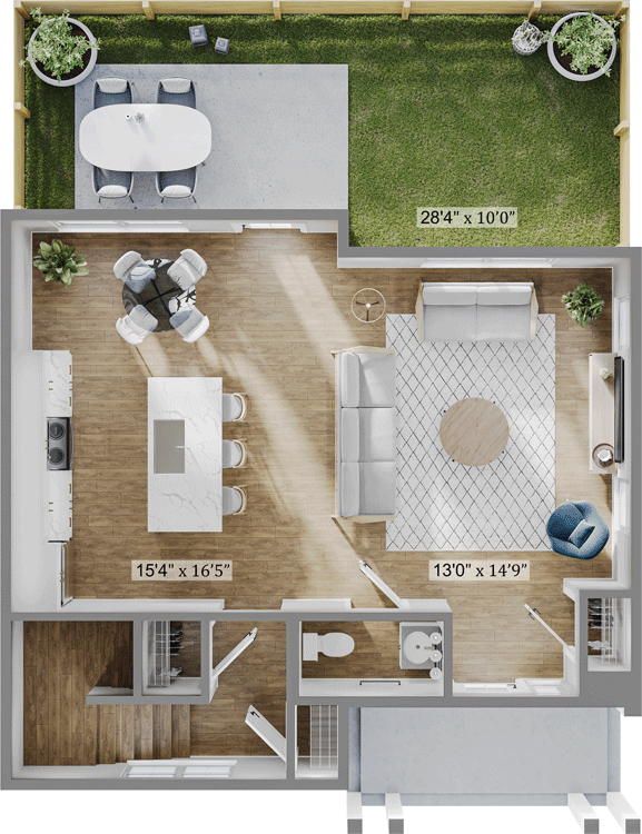 The Abode Floor Plan Rendering Downstairs and Outside