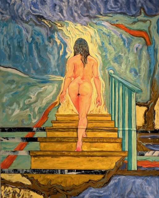 Stairs 48" x 60" Acrylic on Assembled Denim