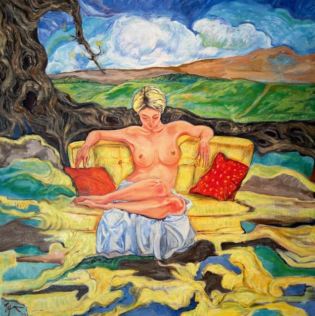 Moments by the Tree 48" x 48" Acrylic on Denim