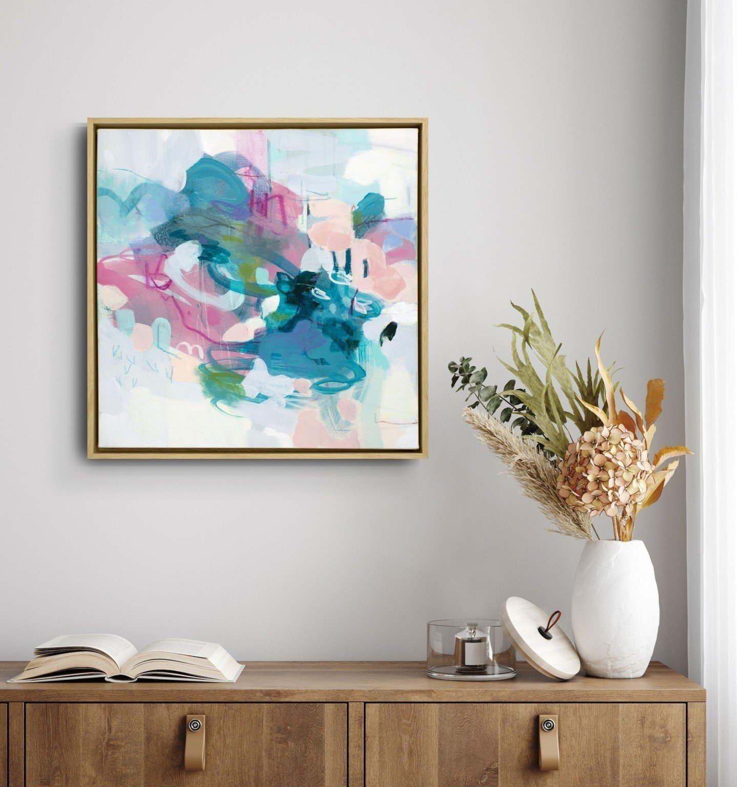 I really wanted to keep this little beauty!
But instead, it's available through the Blue Crow Gallery in Toronto. Comes with a gorgeous solid wood contemporary float frame. I love how it's so minimalist, simple, pastel soft and very pretty.  Definite