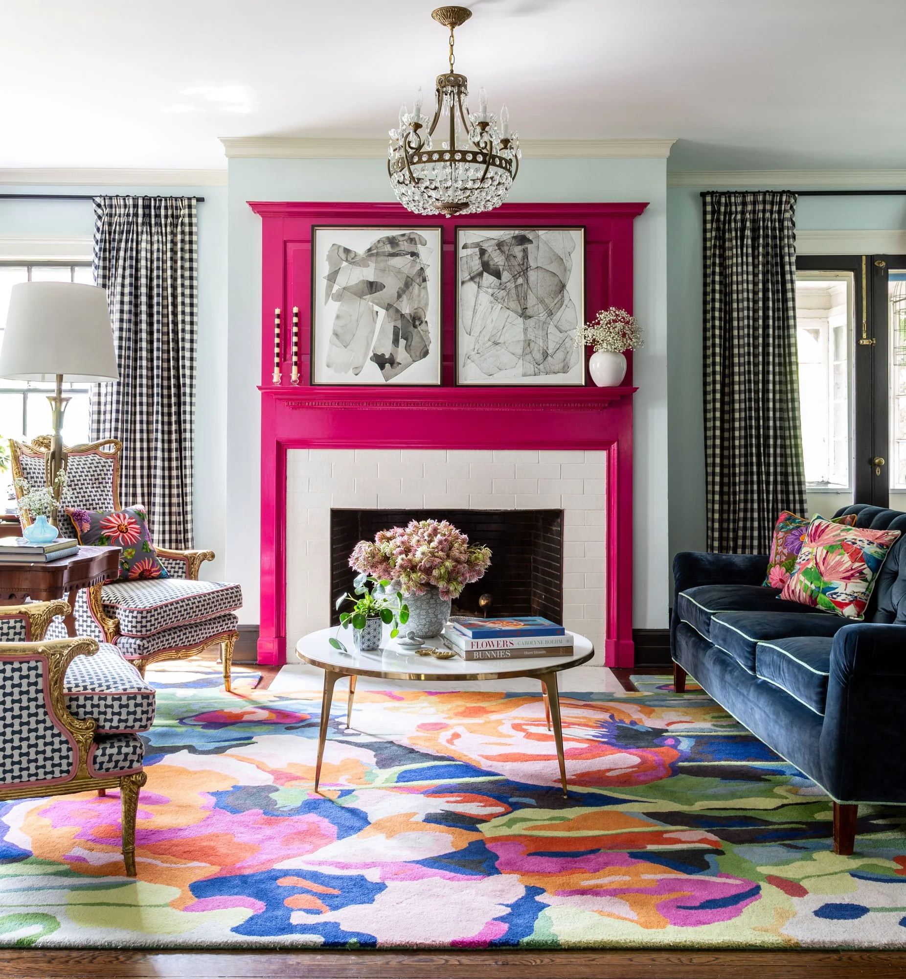 McCory Interiors, Interior Designer, Connecticut, New York, Rhode Island, Home, Color Story, Living Room, Pink, Wallpaper, Area Rug