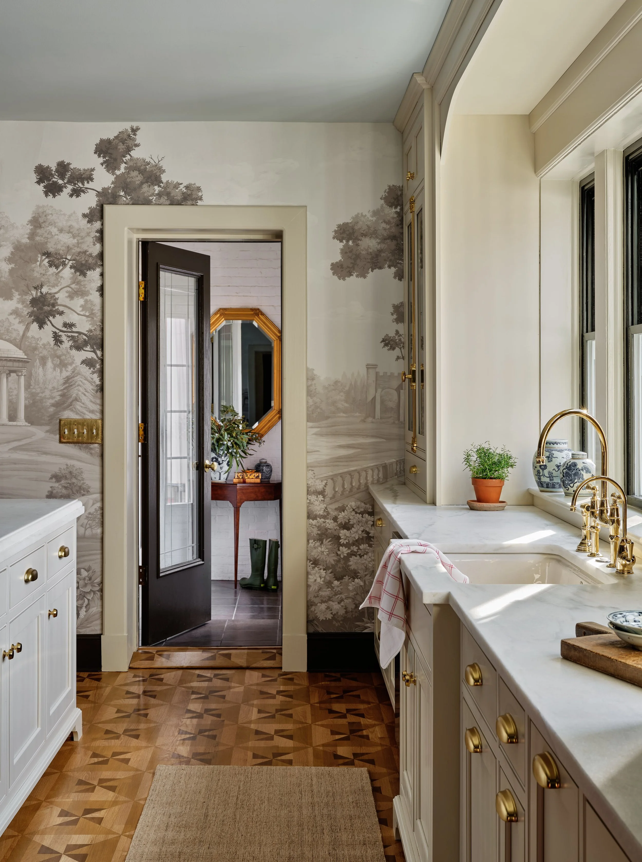 McCory Interiors, Interior Designer, Connecticut, Rhode Island, New York, Kitchen, Wallpaper, Island, Lighting, Flooring, Millwork