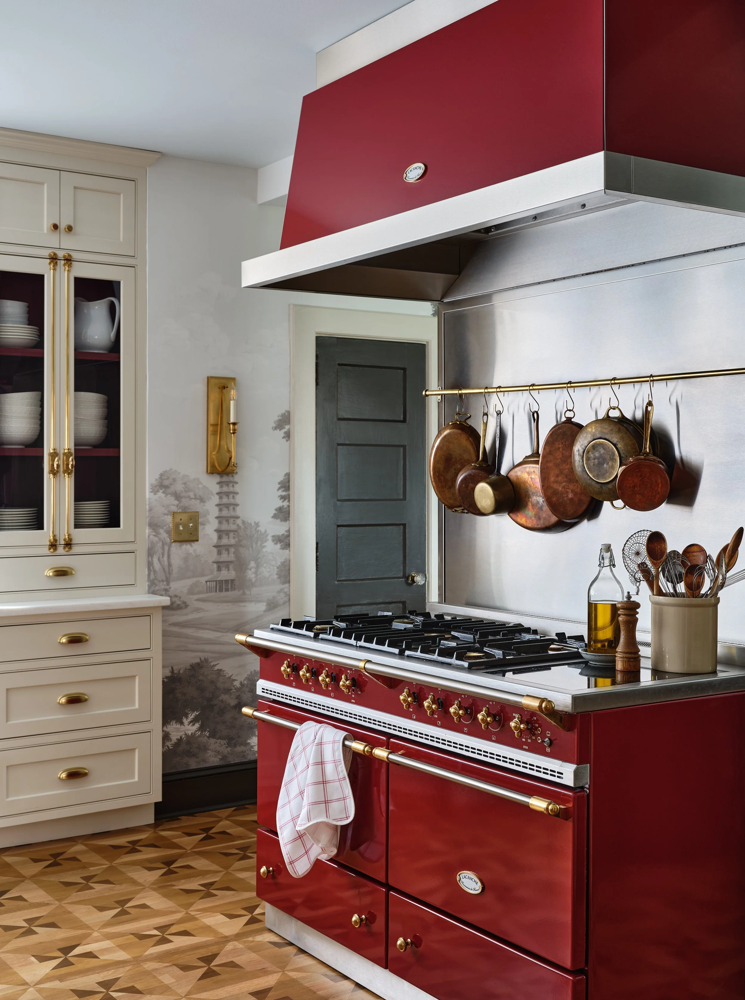 McCory Interiors, Interior Designer, Connecticut, Rhode Island, New York, Kitchen, Wallpaper, Island, Lighting, Flooring, Range