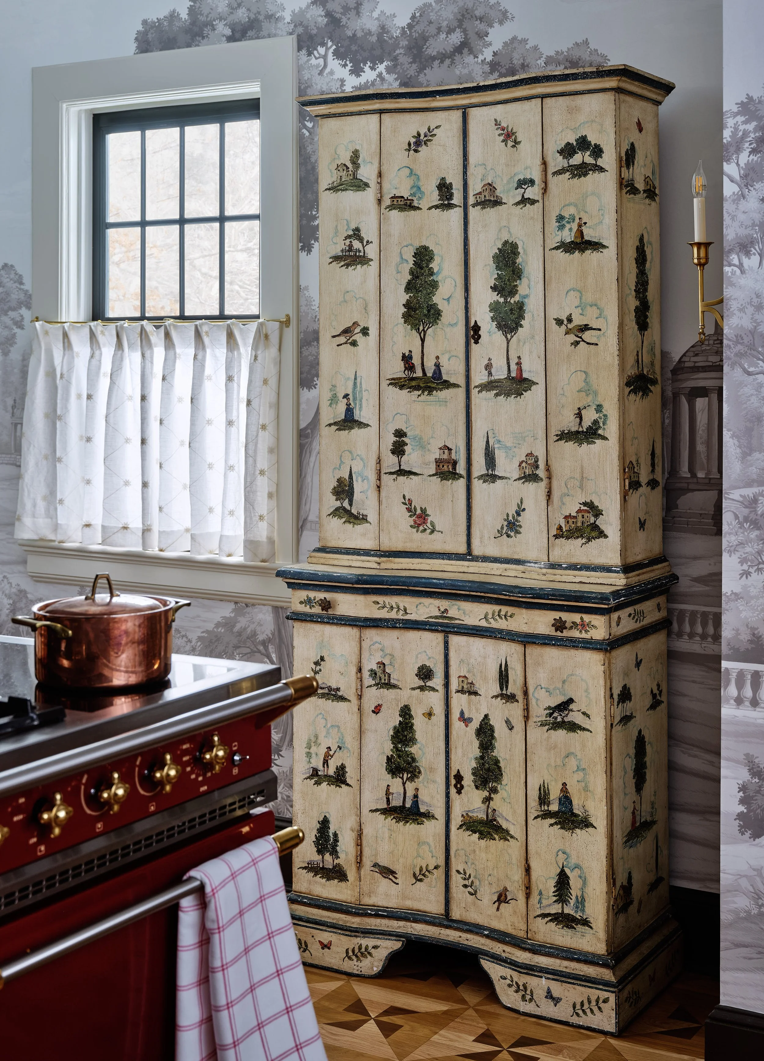 McCory Interiors, Interior Designer, Connecticut, Rhode Island, New York, Kitchen, Wallpaper, Island, Lighting, Flooring, Antique