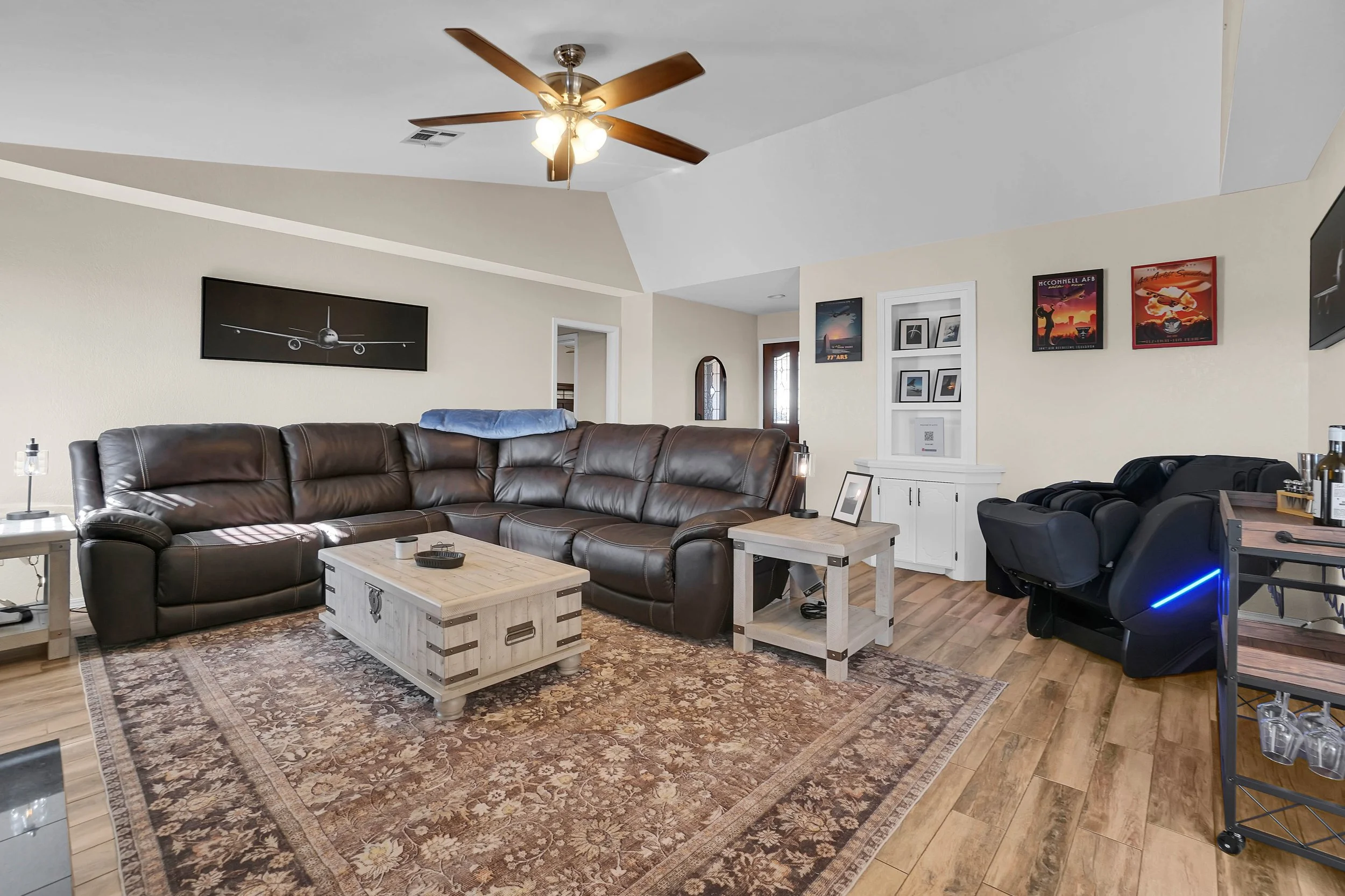 Full body massage chair and reclining leather sectional