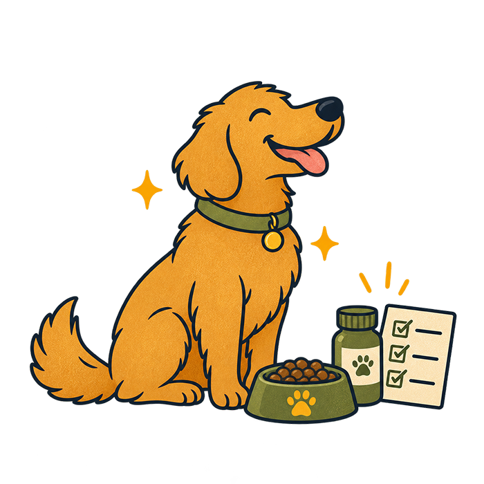 Illustration of a dog beside care items, representing familiar daily routines such as feeding, medication, and consistent care.