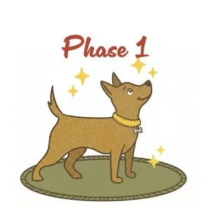 Puppy illustration standing on a rug in a controlled environment