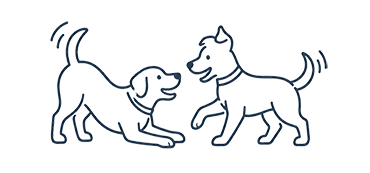Two line-drawn dogs playing with each other on a white background.
