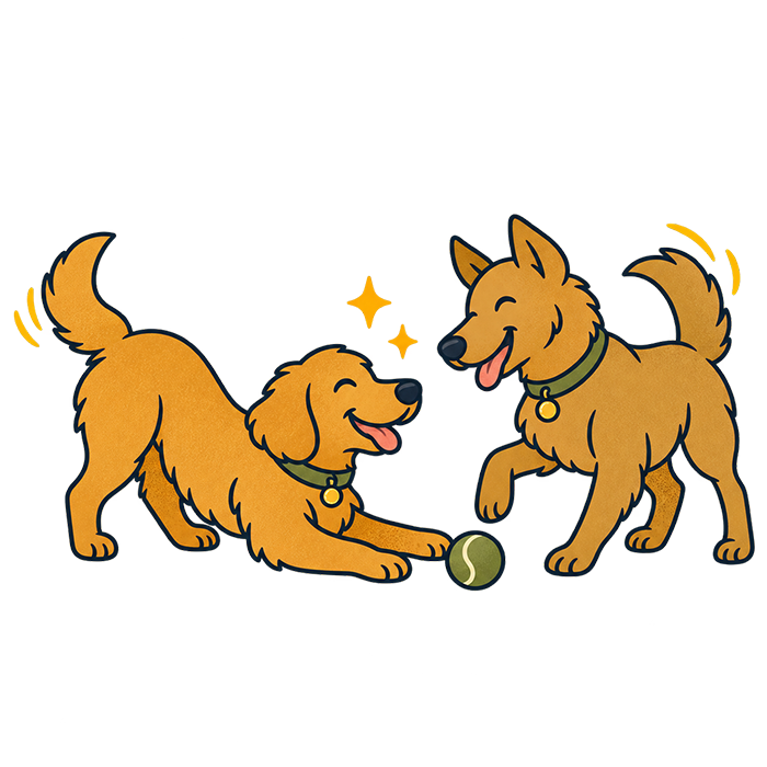Illustration of playful dogs enjoying supervised activity together, representing structured play, socialization, and trainer-guided engagement.