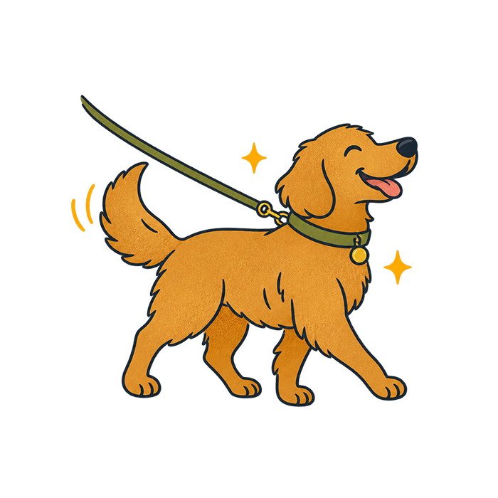 Illustration of a happy dog on a leash during a morning walk, representing fresh air, exercise, and the start of a structured day.