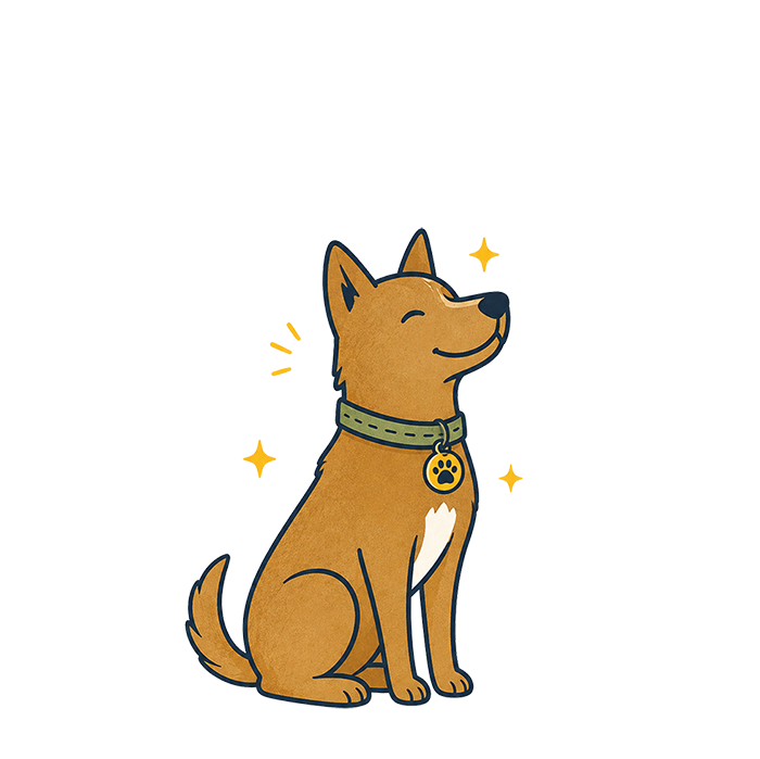 Illustration of a happy, smiling dog with a green collar and a paw-shaped tag, sitting with eyes closed and ears perked up.