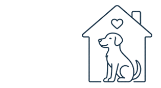 Line drawing of a dog sitting inside a house with a heart above its head.
