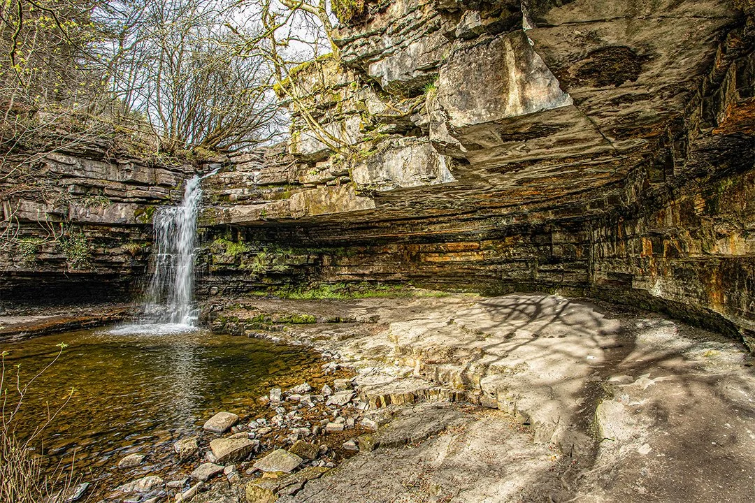 Summerhill Force and Gibson's Cave (lit by reflected sunlight)