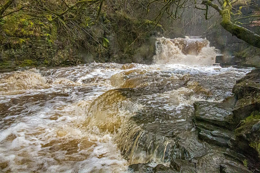 Bowlee Beck in spate (waterfall by the quarry)