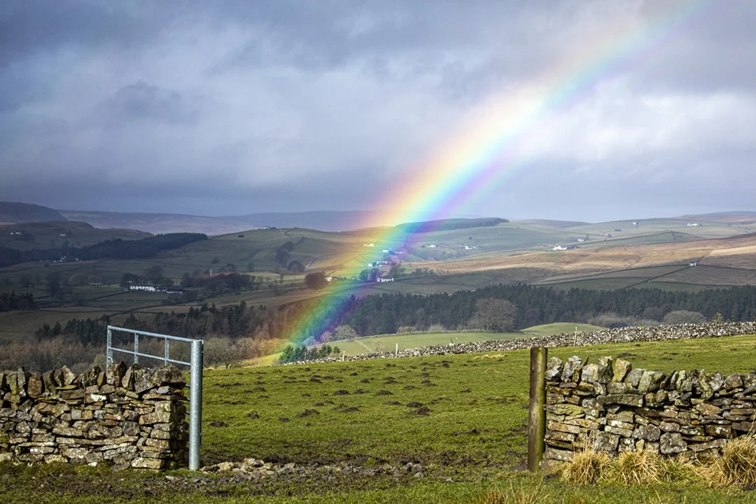 Rainbow through a gate (looking up the dale from Stable Edge)