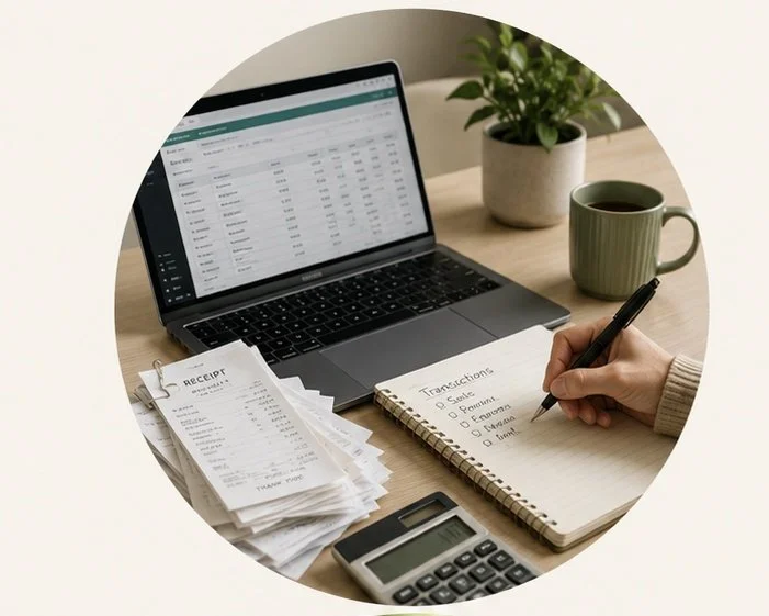 Bookkeeping workspace with laptop, calculator, receipts, and financial records.