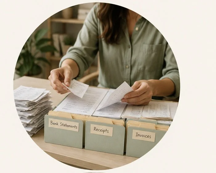 Organizing bank statements, receipts, invoices, and financial records for bookkeeping.