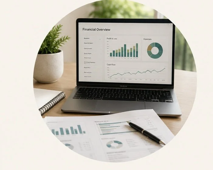 Financial reporting and bookkeeping records displayed on a laptop.