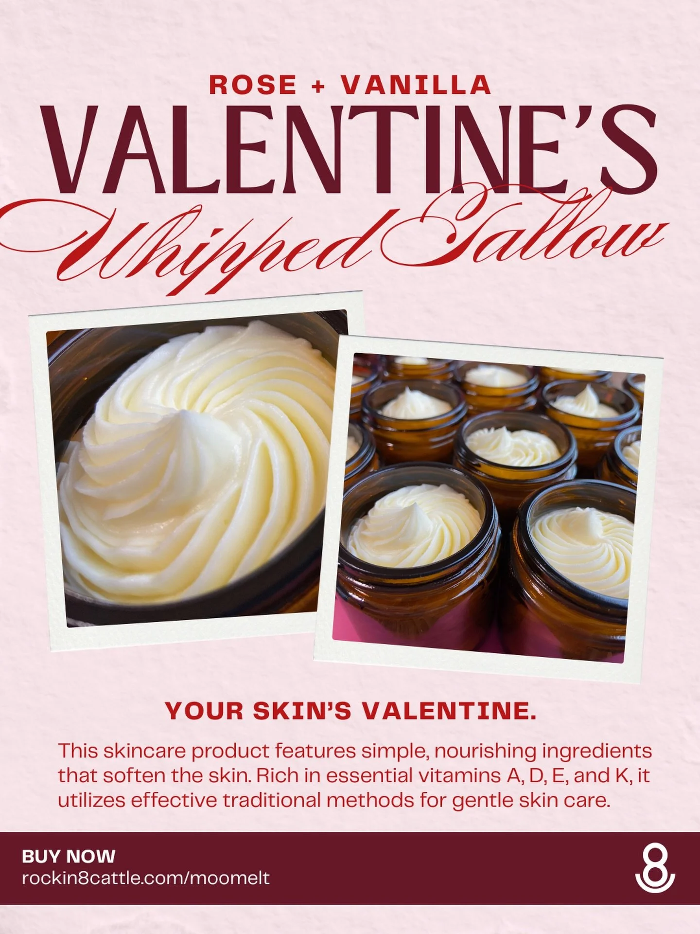 🏹Shop now at rockin8cattle.com/moomelt

✨ Limited edition Valentine&rsquo;s scent
✨ Gentle, rich moisturizer 
✨ From our ranch to your routine

Rose + Vanilla tallow is here, just in time for Valentine&rsquo;s Day. Our whipped tallow, shipped direct