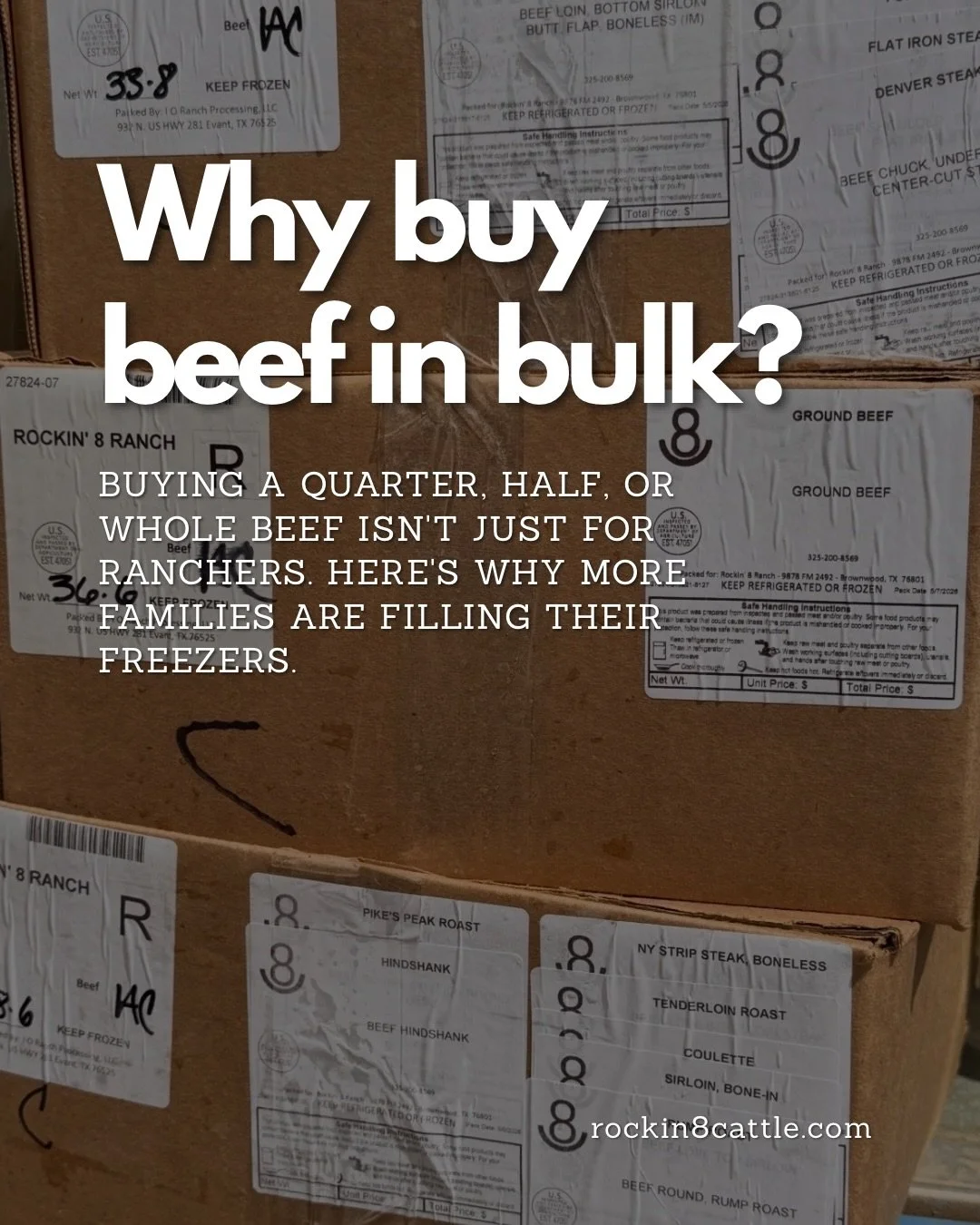 If you&rsquo;ve ever filled a Costco cart, you&rsquo;re already thinking like a bulk buyer. The only difference? This time, your freezer is stocked with beef you know. 

Message or call us at (325)200-8569 to learn about quarter, half, and whole beef