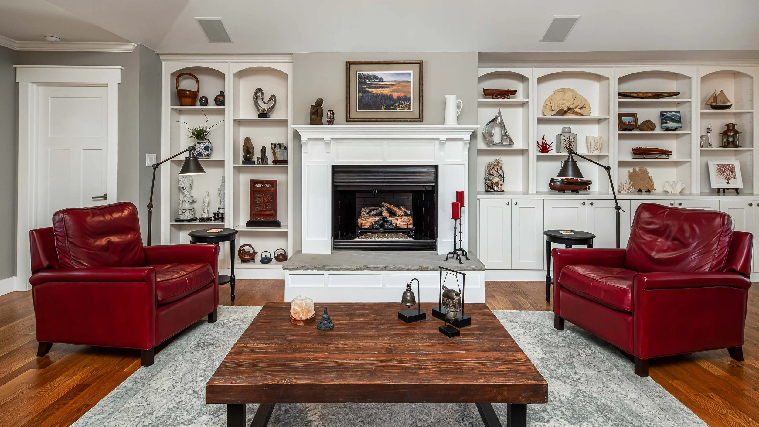 Living room with built-in cabinets and classic interior design in NC
