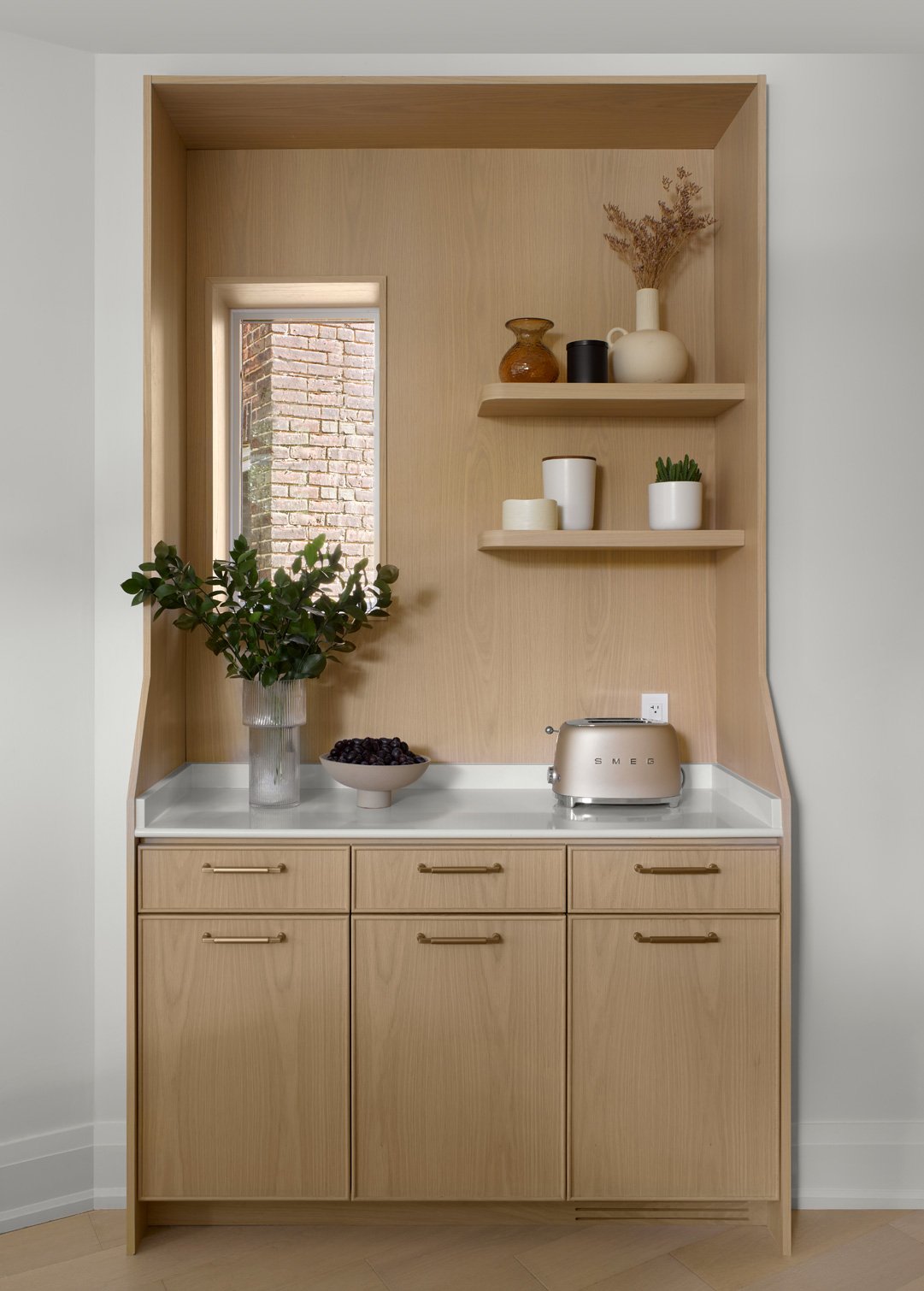 Custom Small Appliance Area with White Oak Cabinetry