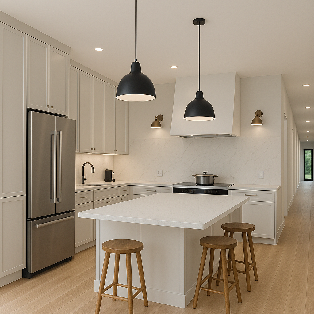 Modern kitchen with white cabinets, a stainless steel refrigerator, a white island with wooden stools, a stove with a pot, black pendant lights, and a minimalist design.