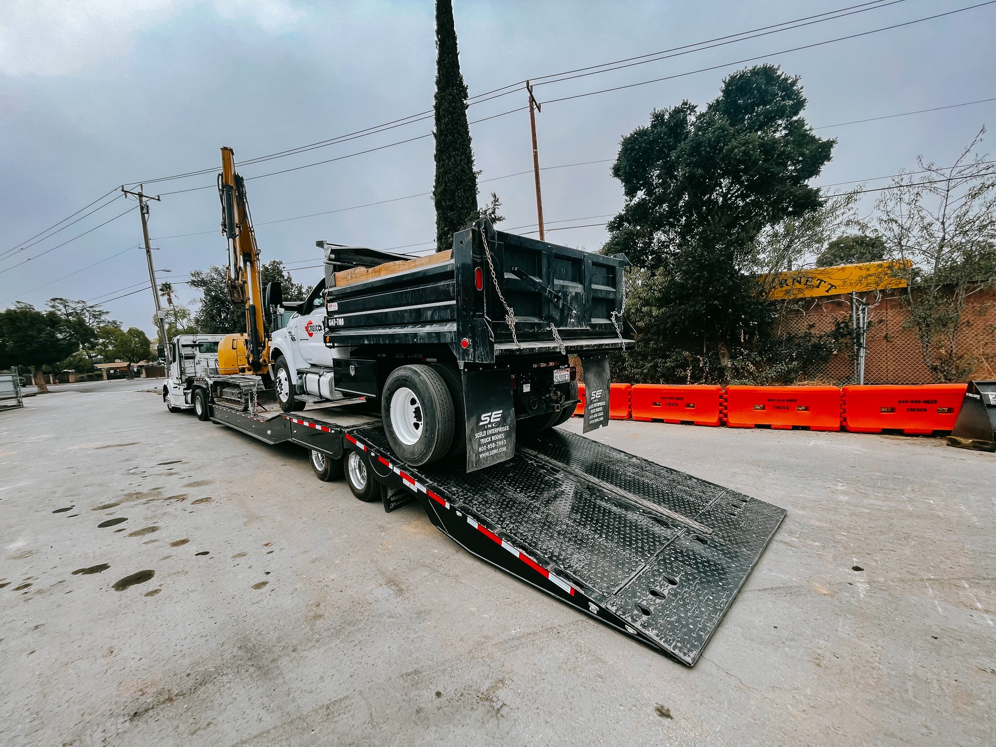 A flatbed truck with a crane lifting a tall, narrow tree in an outdoor lot, with orange barriers and some trees and power lines in the background.