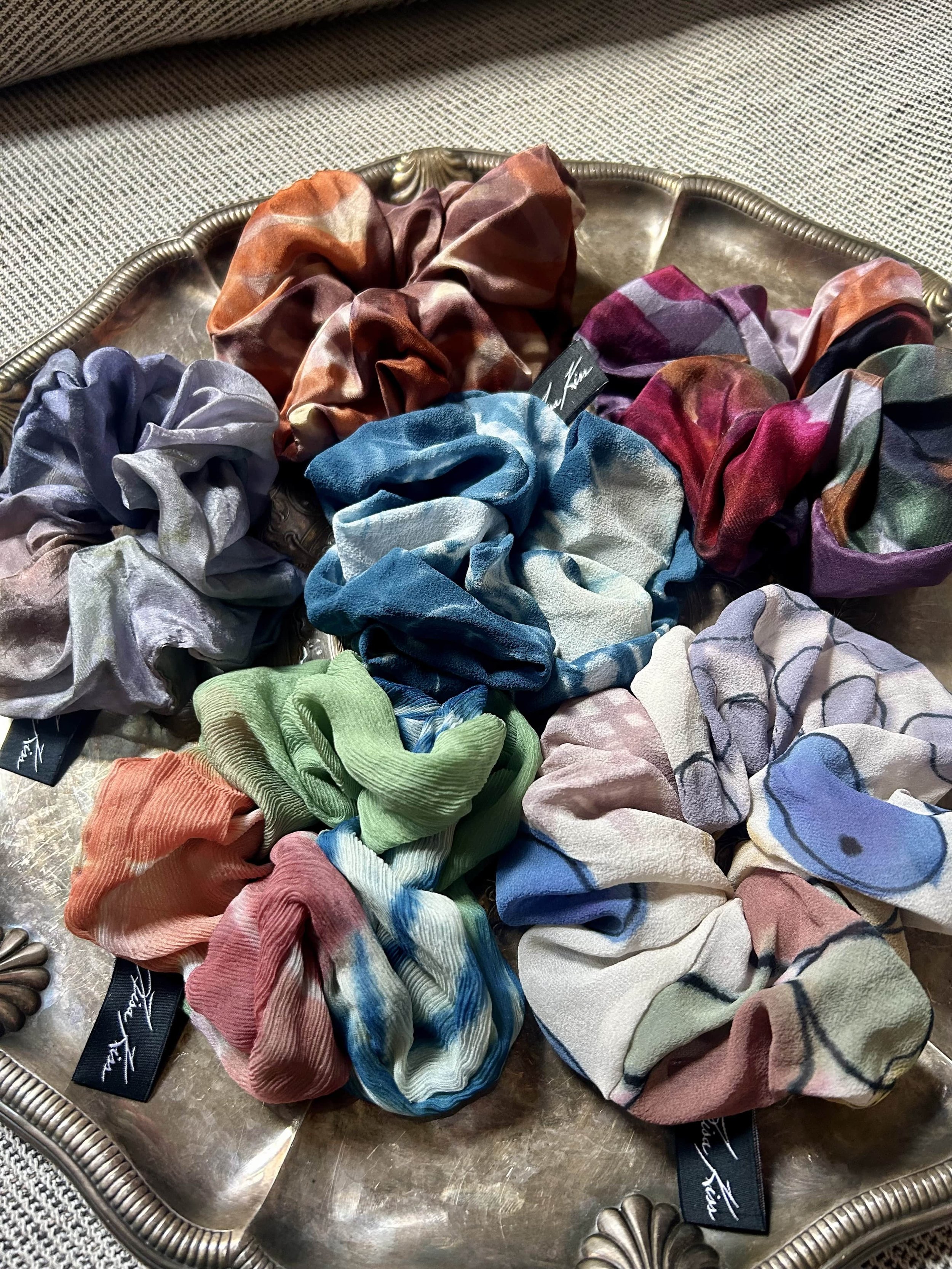 Hand-painted luxury silk hair scrunchie. Luxury silk hair tie.
