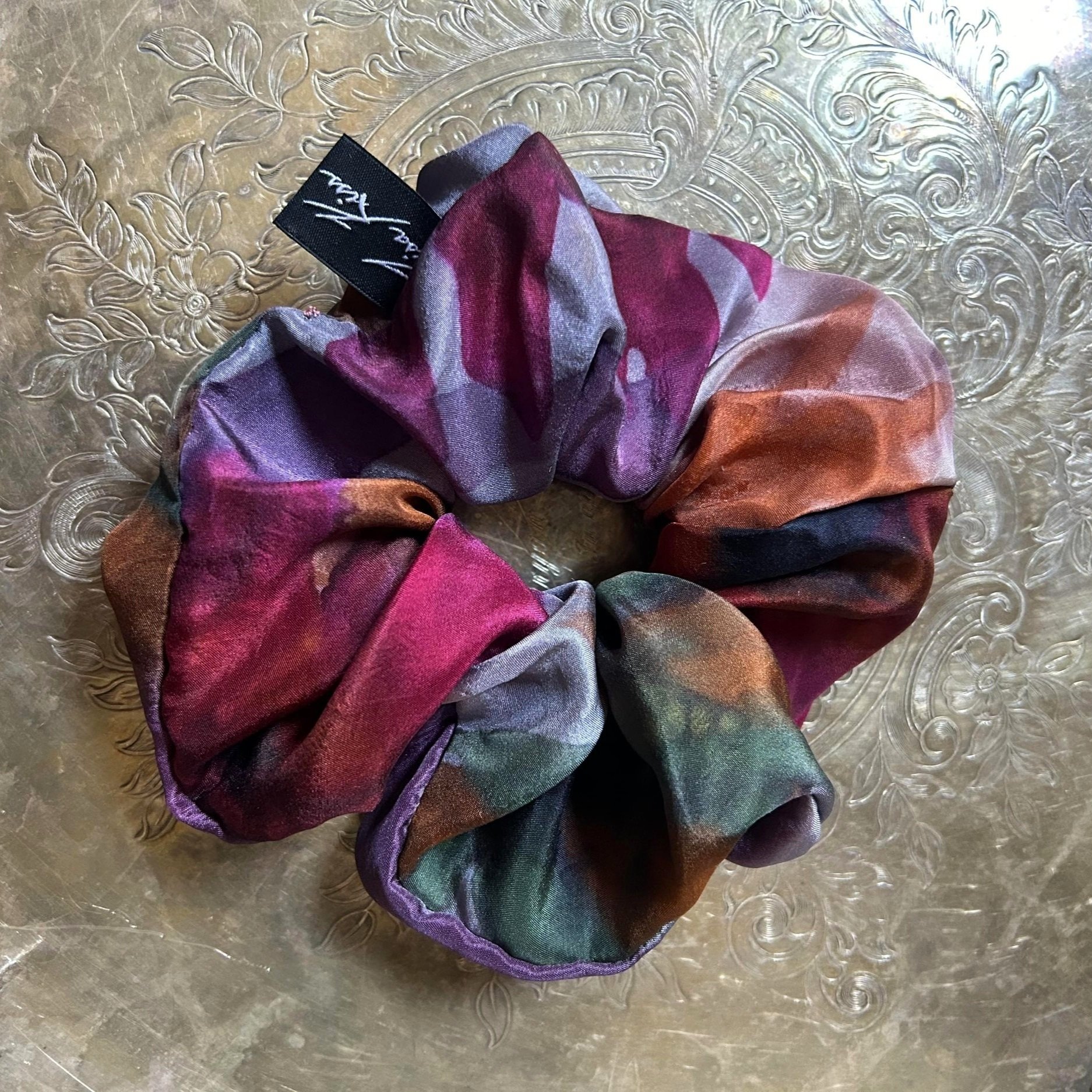 Hand-painted luxury silk hair scrunchie. Luxury silk hair tie.