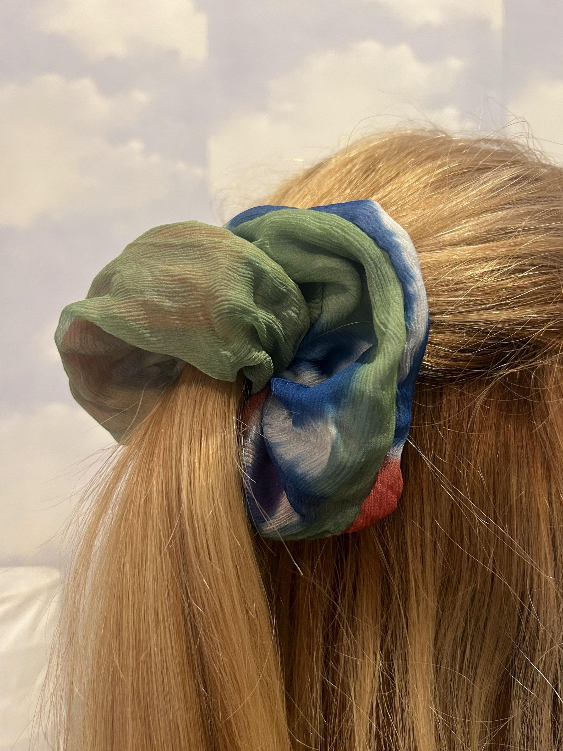 Hand-painted luxury silk chiffon hair scrunchie. Luxury silk chiffon hair tie.