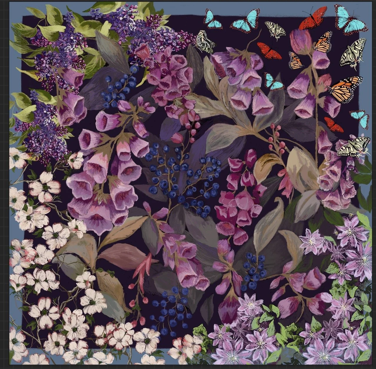 To be made as a 36”x36”, 22”x23” silk double side printed scarf, & 44”x44” silk/cashmere square. Coming soon!