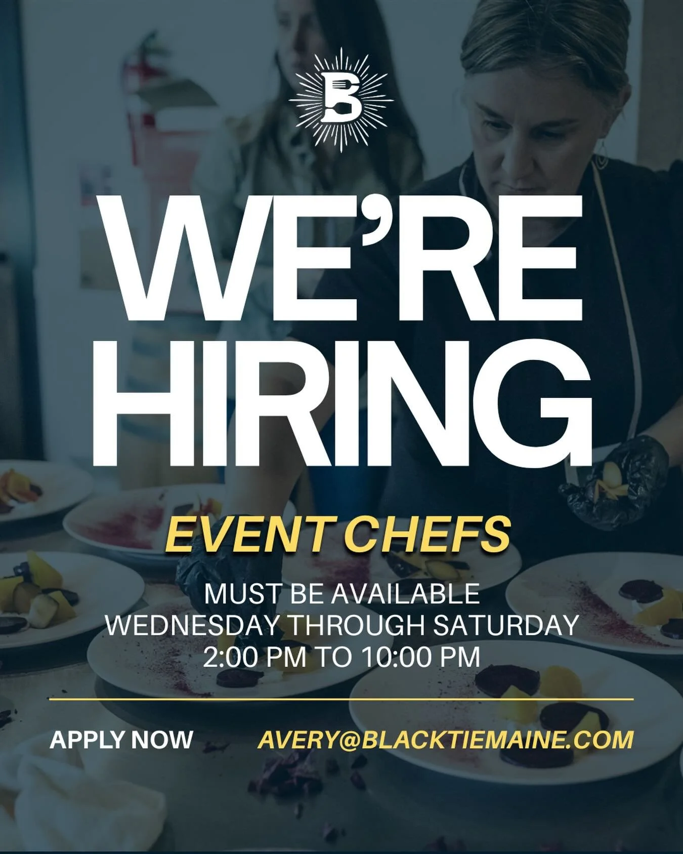 We&rsquo;re hiring event chefs! 👩🏻&zwj;🍳

Looking for someone who thrives in the fast pace of events and loves great food. Wednesday&ndash;Saturday availability required.

Send resumes to avery@blacktiemaine.com. 

#blacktiecatering #portlandmaine