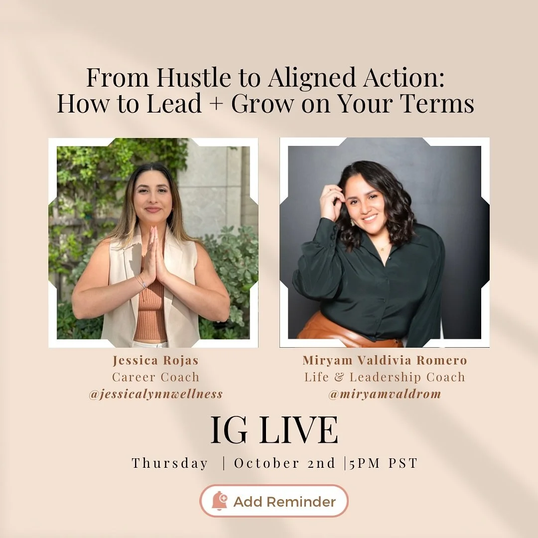 ✨ New IG Live: &ldquo;From Hustle to Aligned Action&rdquo; ✨

📅 Thursday 10/2 at 5pm PST | With @miryamvaldrom + @jessicalynnwellness 

As women of color, we&rsquo;ve been told success means hustling nonstop, saying yes to everything, and proving we