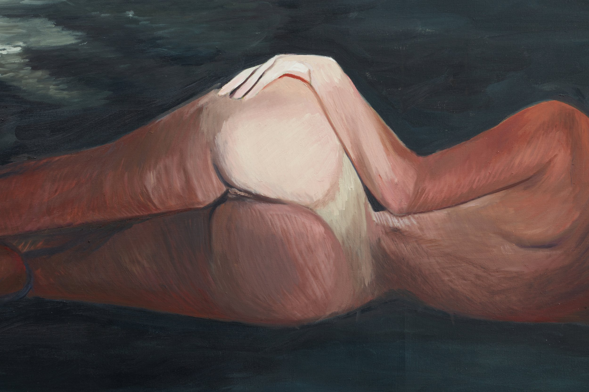 Athena Lemanska,
the LED spotlight is so cold but my intentions
are not (1002062123) (details), 2023,
Oil on Linen,
34 x 74 inches
(86.4 x 187.9 cm)