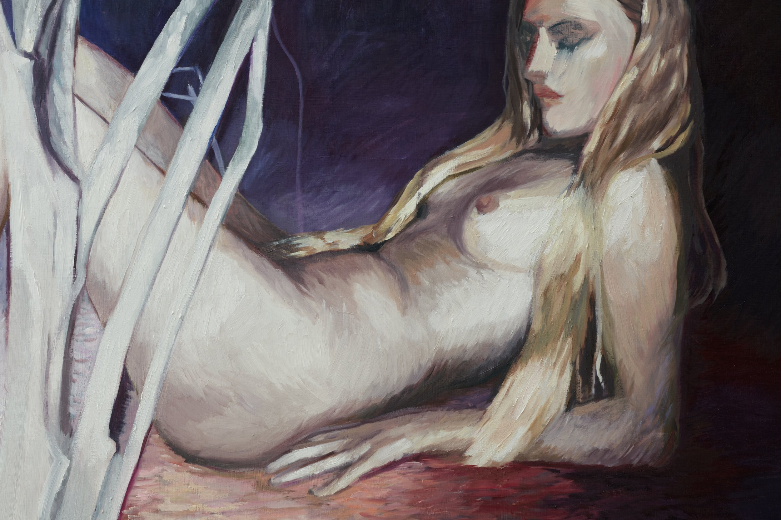 Athena Lemanska,
Lilac mist weaves around sticks (1106062123) (details), 2023,
Oil on linen,
34 x 74 inches
(86.4 x 187.9 cm)