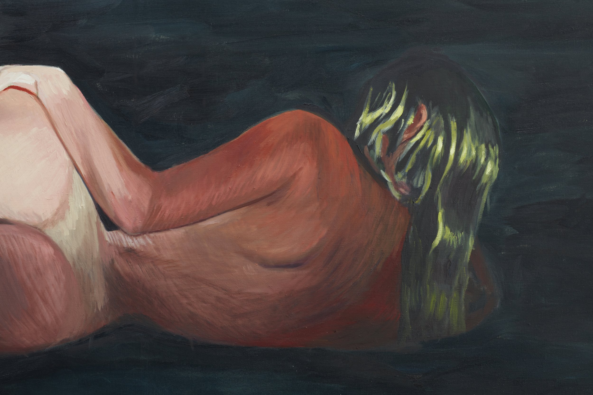 Athena Lemanska,
the LED spotlight is so cold but my intentions
are not (1002062123), 2023,
Oil on Linen,
34 x 74 inches
(86.4 x 187.9 cm)