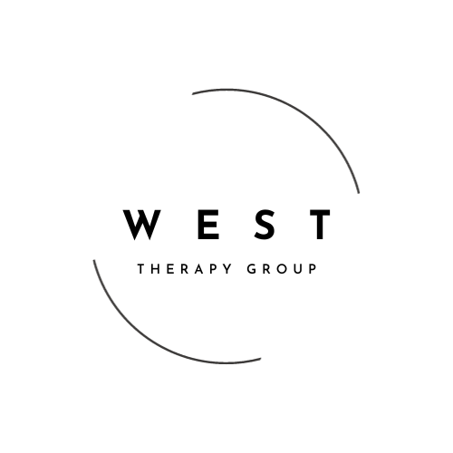 Logo for WEST Therapy Group with a minimalist design featuring black text and partial curved lines.