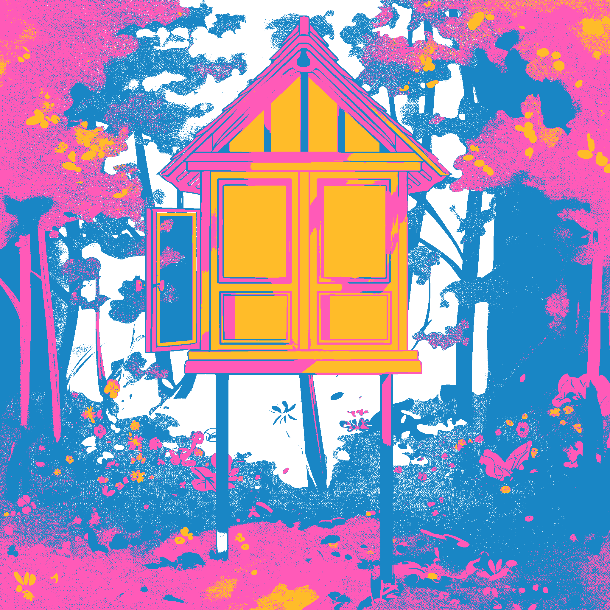 A bright retro style little lab on two posts in the woods, in blue, yellow, and pink