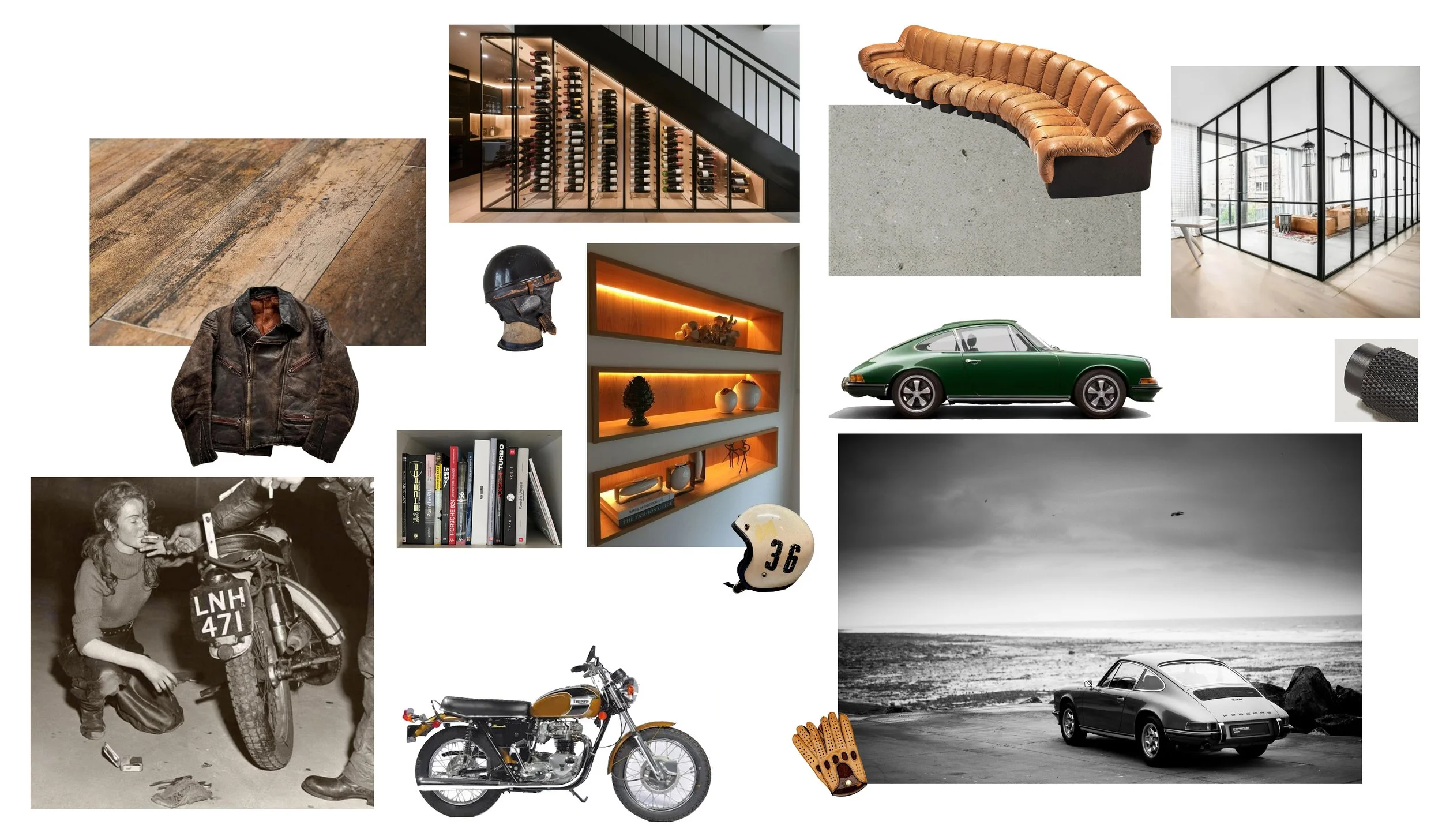 A collage of vintage and modern items including leather furniture, cars, motorcycles, a helmet, a helmet, a leather jacket, a bookshelf, a nurse with a motorcycle, a wine cellar, a modern glass room, and decorative elements.