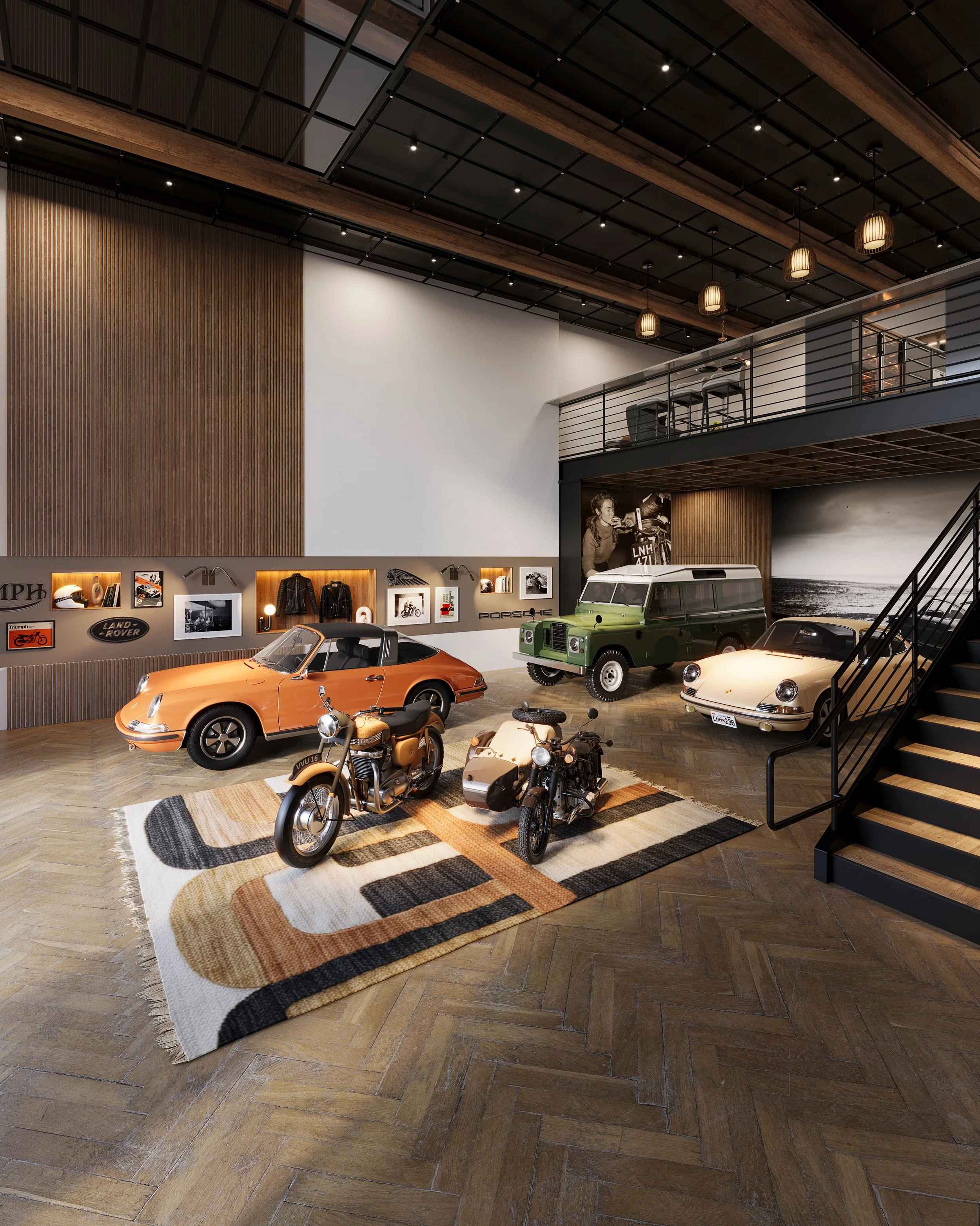 A vintage car and motorcycle collection displayed in a modern showroom with wooden floor, photos, logos, and wooden wall decor. Porsche, Land Rover, Indian Motorcycle, Triumph Motorcycle, Charles Eames