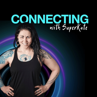 dark background with phot of superkate on her podcast cover