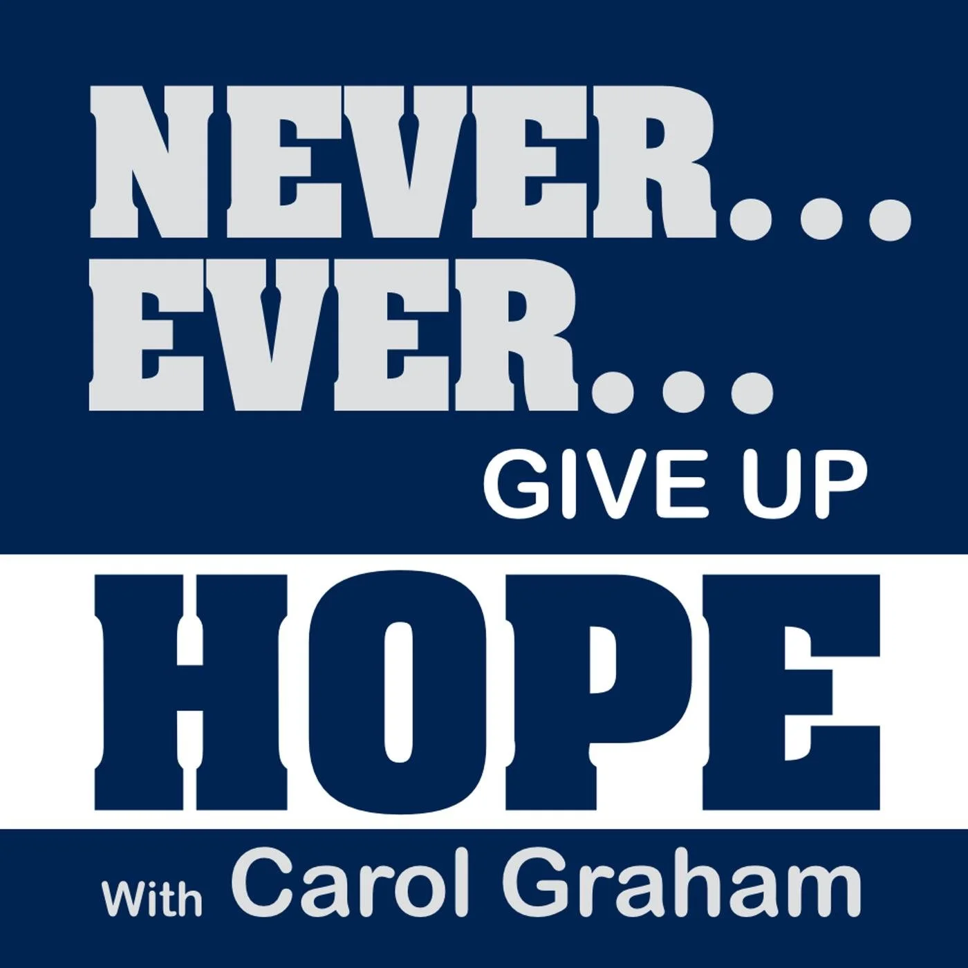 dark blue background with white letters never ever give up hope