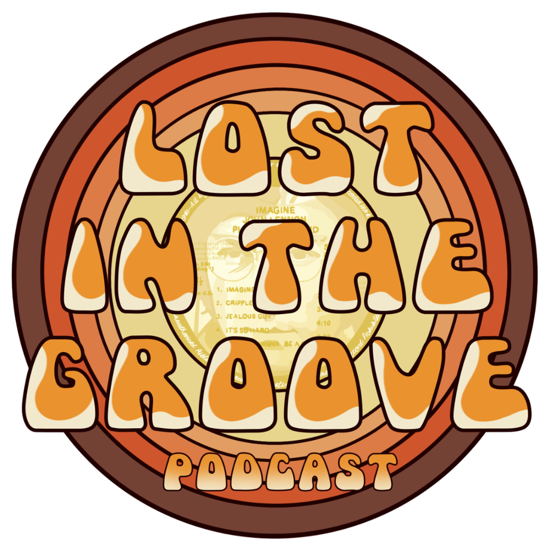 white background with circles in shades of brown and orange and lost in the groove in bubble letters
