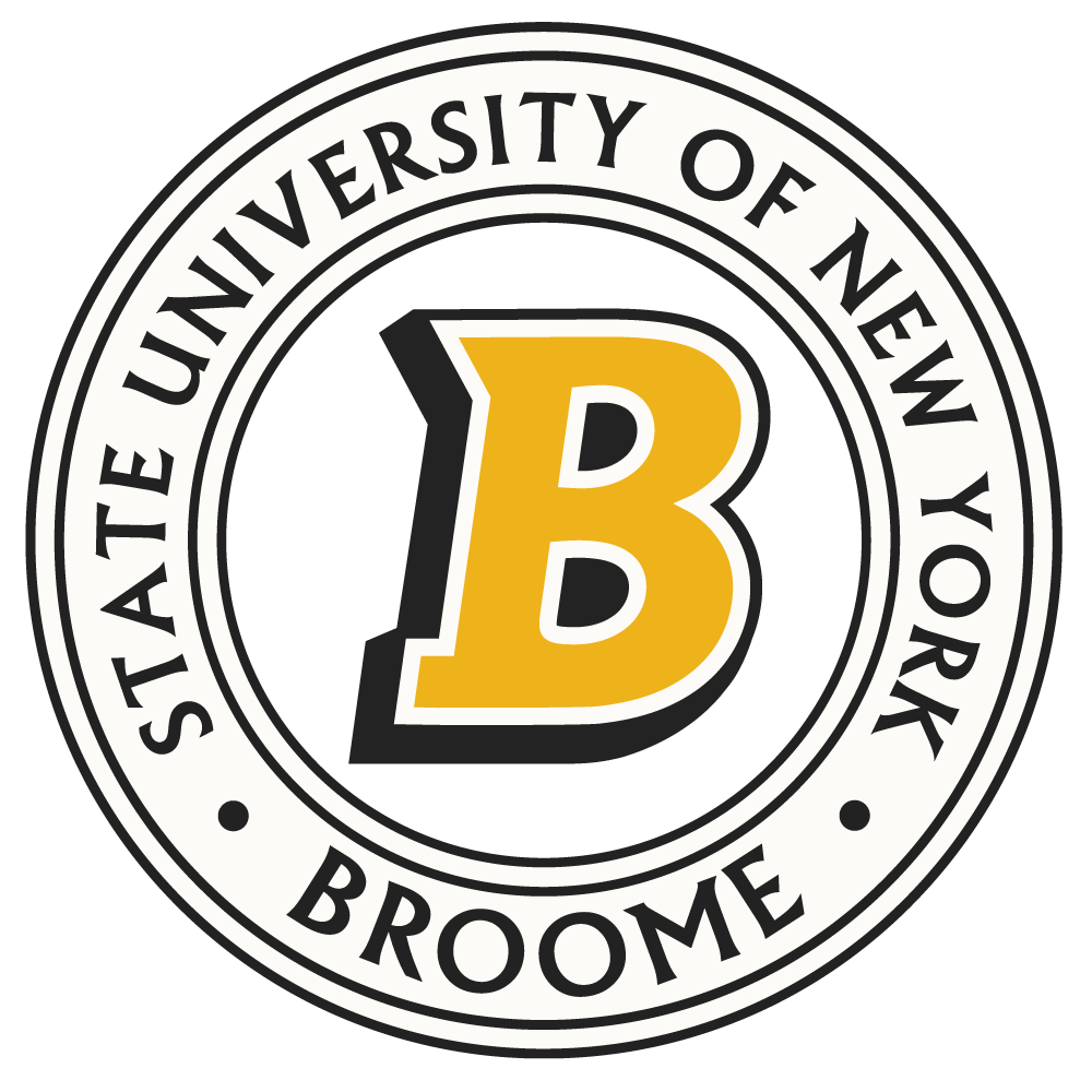 Black and white logo for SUNY Broome college with gold letter B in center