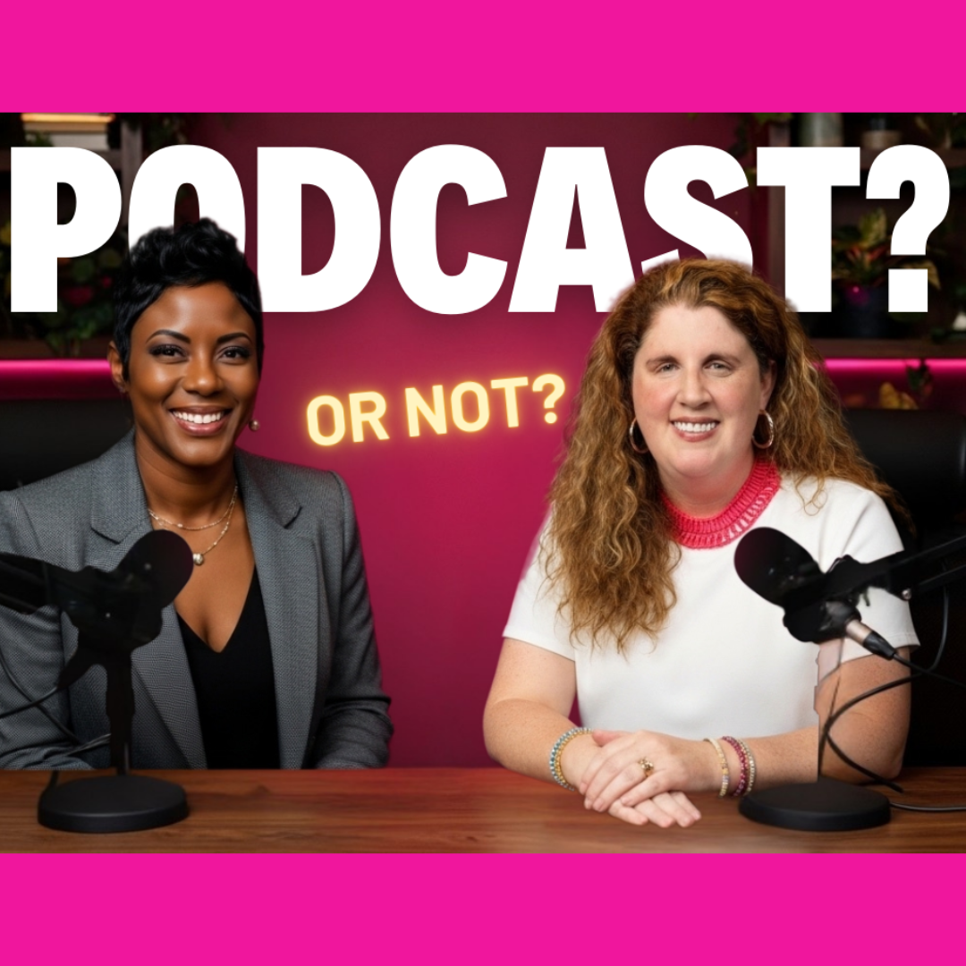 pink background two women podcasts sitting at a table with mics