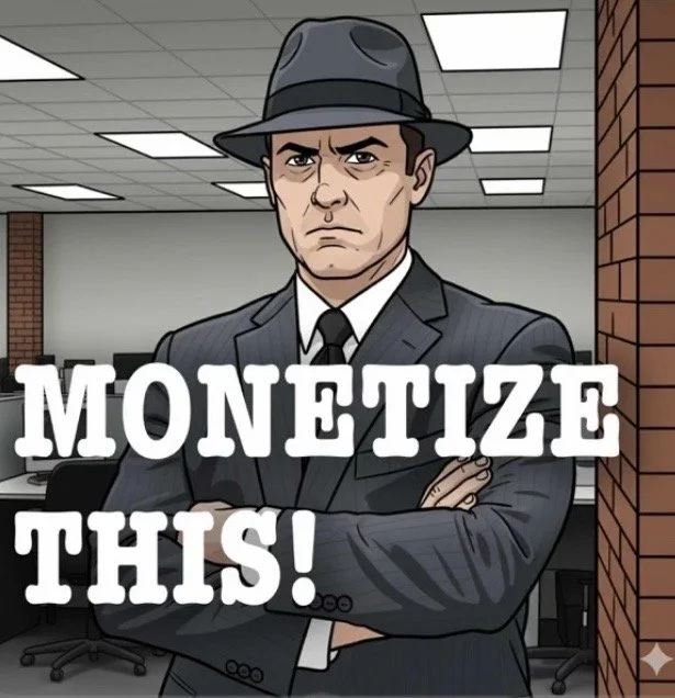 Cartoon image on man in suit wearing hat in office setting