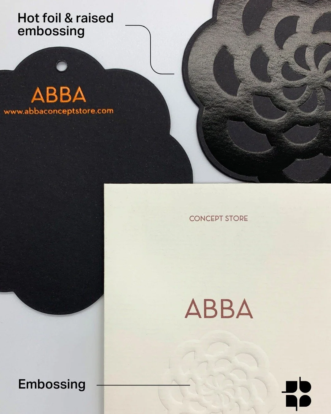 ABBA Concept Store - Visual Identity Printing 📂

The visual identity features business cards with copper hot foil stamping on both sides and glossy black hot foil with raised embossing on the front. Envelopes have one-color metallic Pantone printing